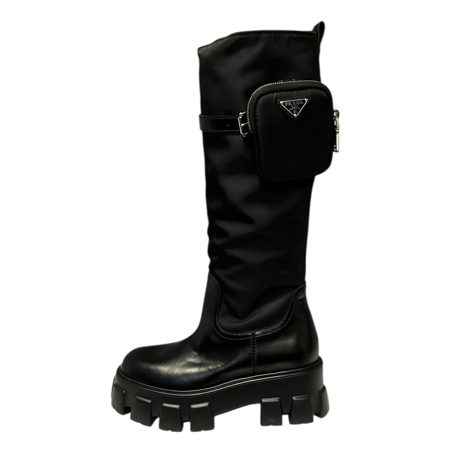 PRADA Monolith Leather & Re-Nylon Knee Boots in Black | 38