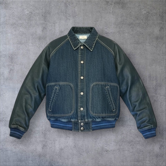 CELINE Denim + Leather Teddy Jacket in Dark Blue |