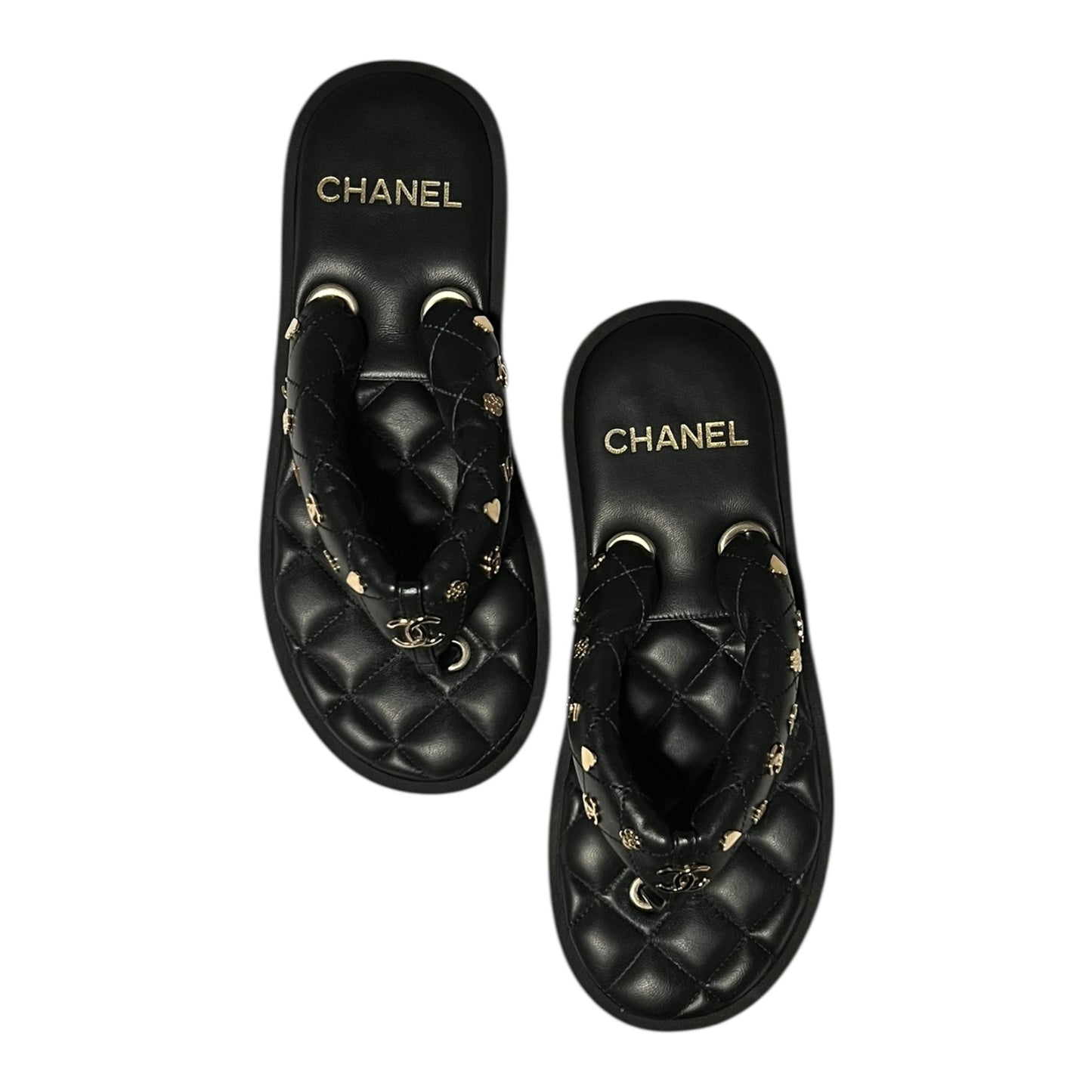 CHANEL CC Charm Quilted Flip Flop Sandals in Black | 38