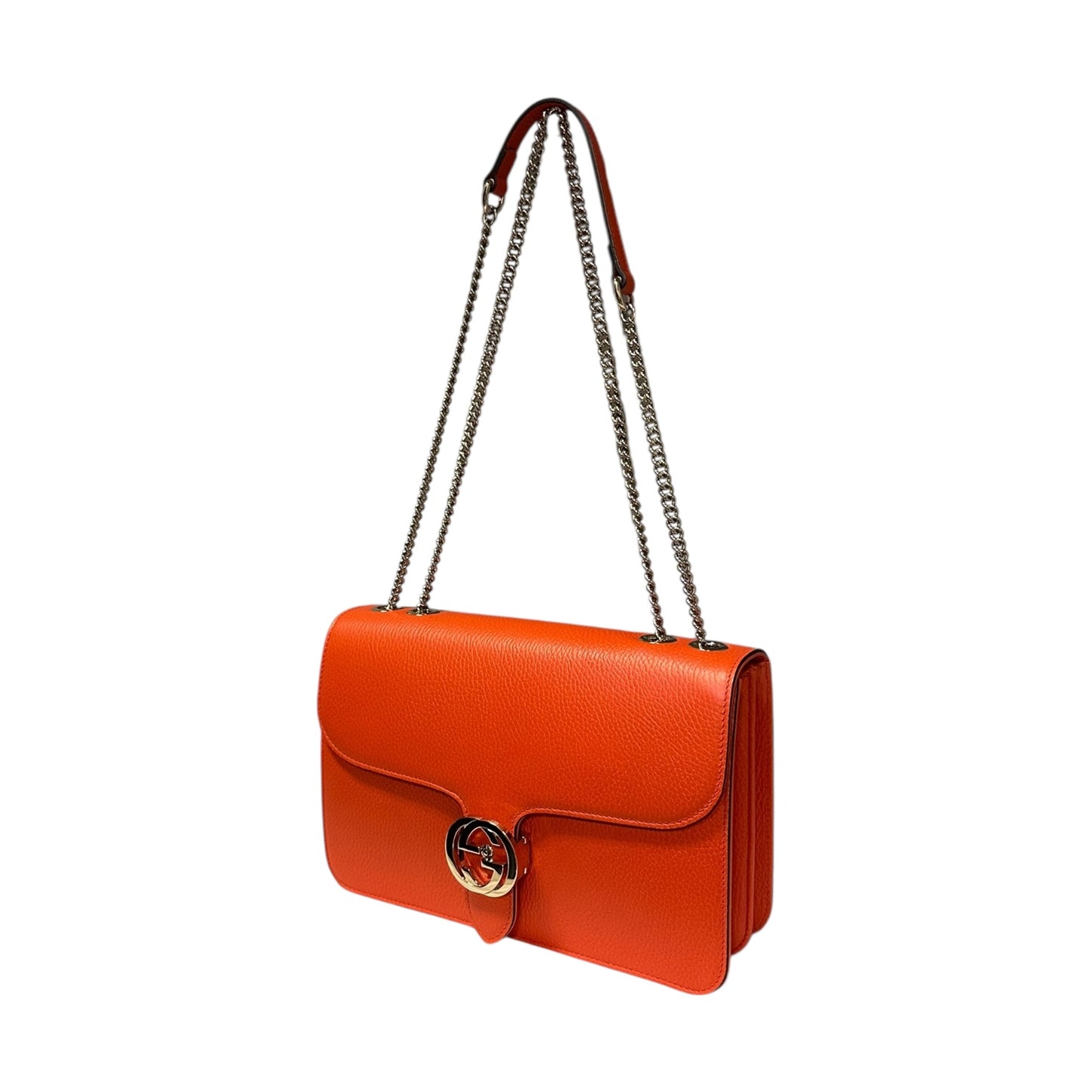 GUCCI Interlocking G Crossbody Shoulder Bag in Fire Coral Grained Leather