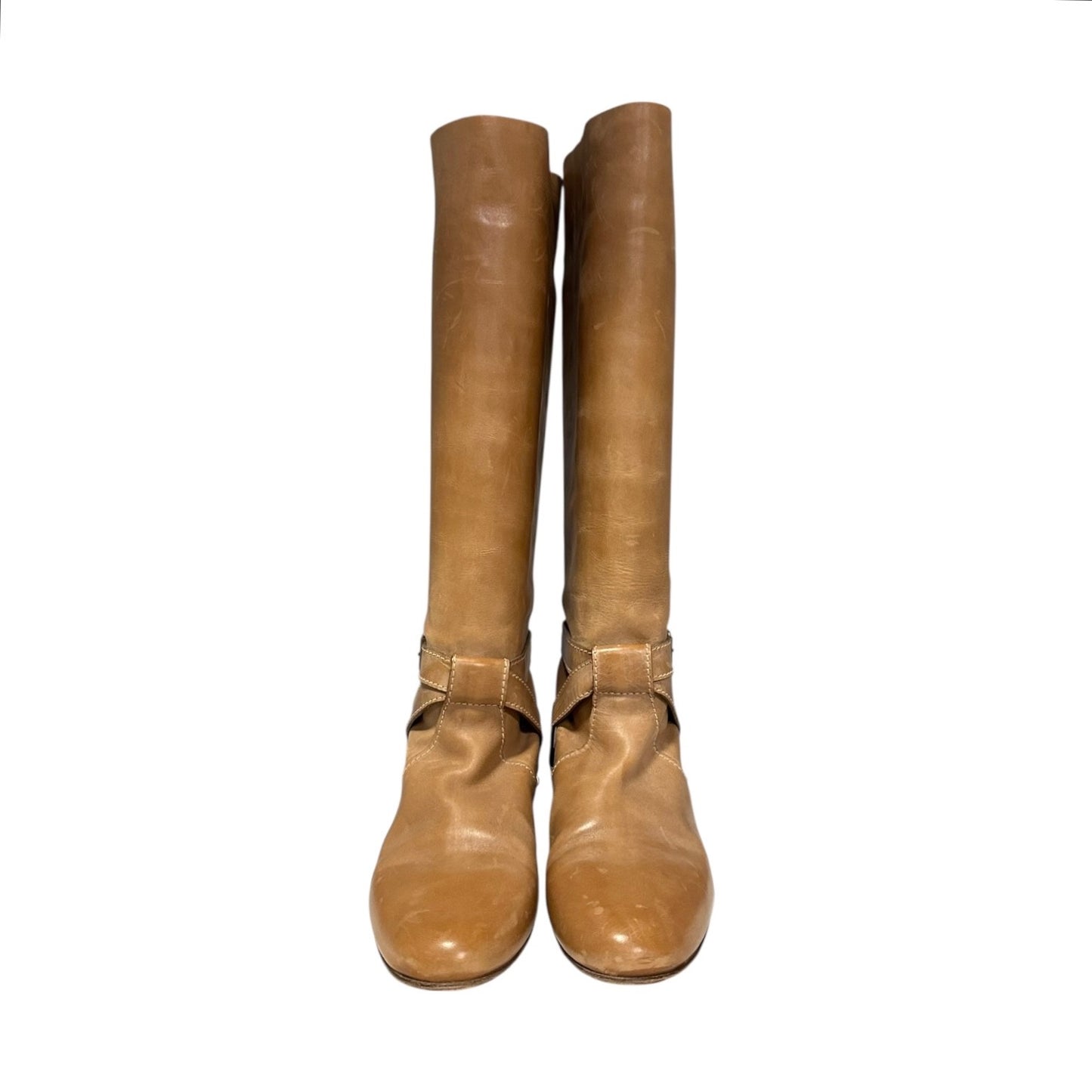 CHLOE Distressed Buckle Strap Boots in Honey | 37