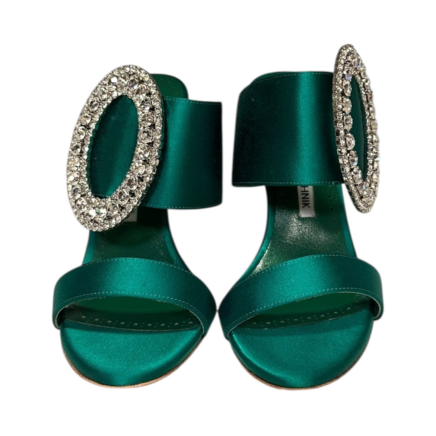 MANOLO BLAHNIK Jewel Buckle Satin Mules in Emerald Green | 37.5