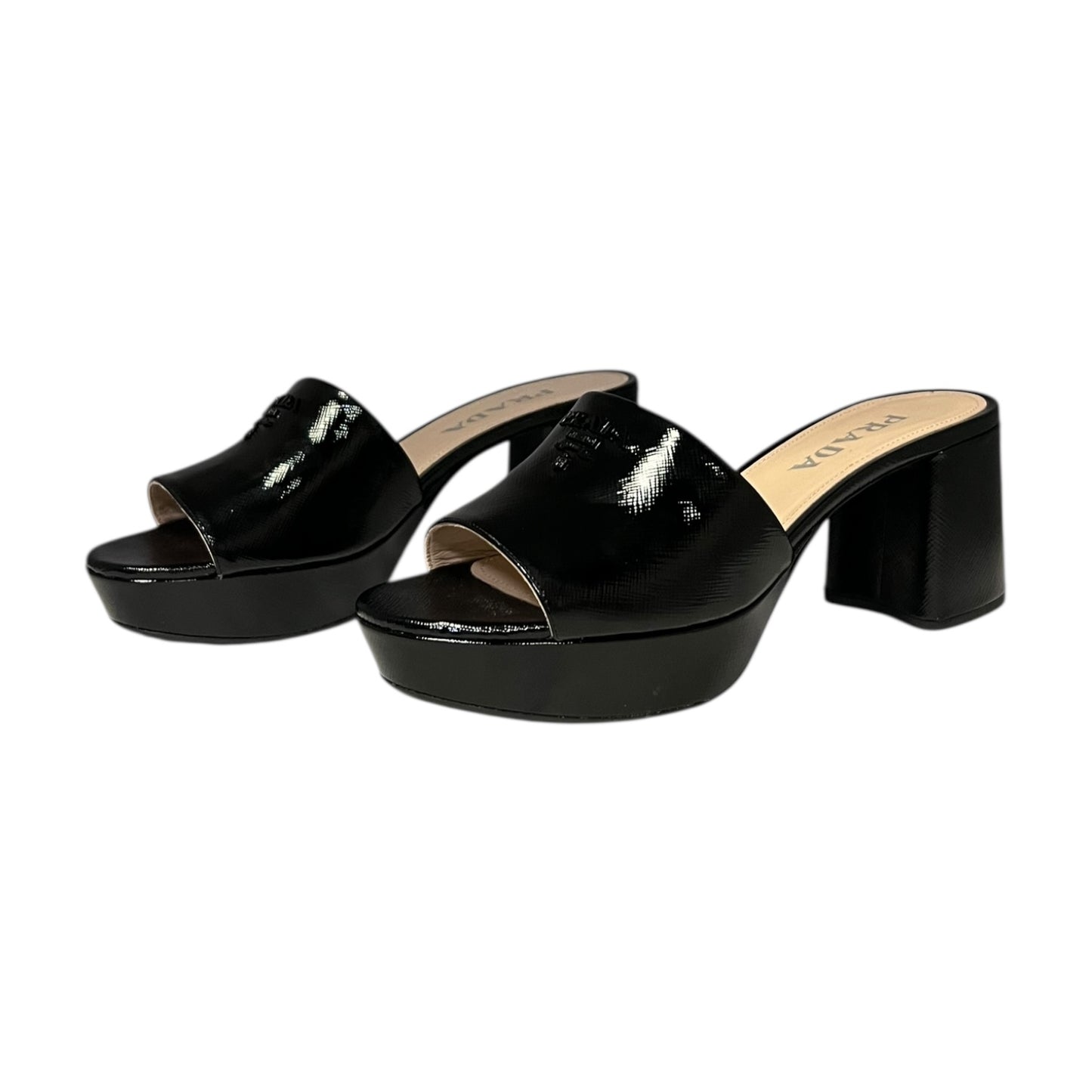 PRADA Patent Saffiano Block Heel Mules in Black | 38