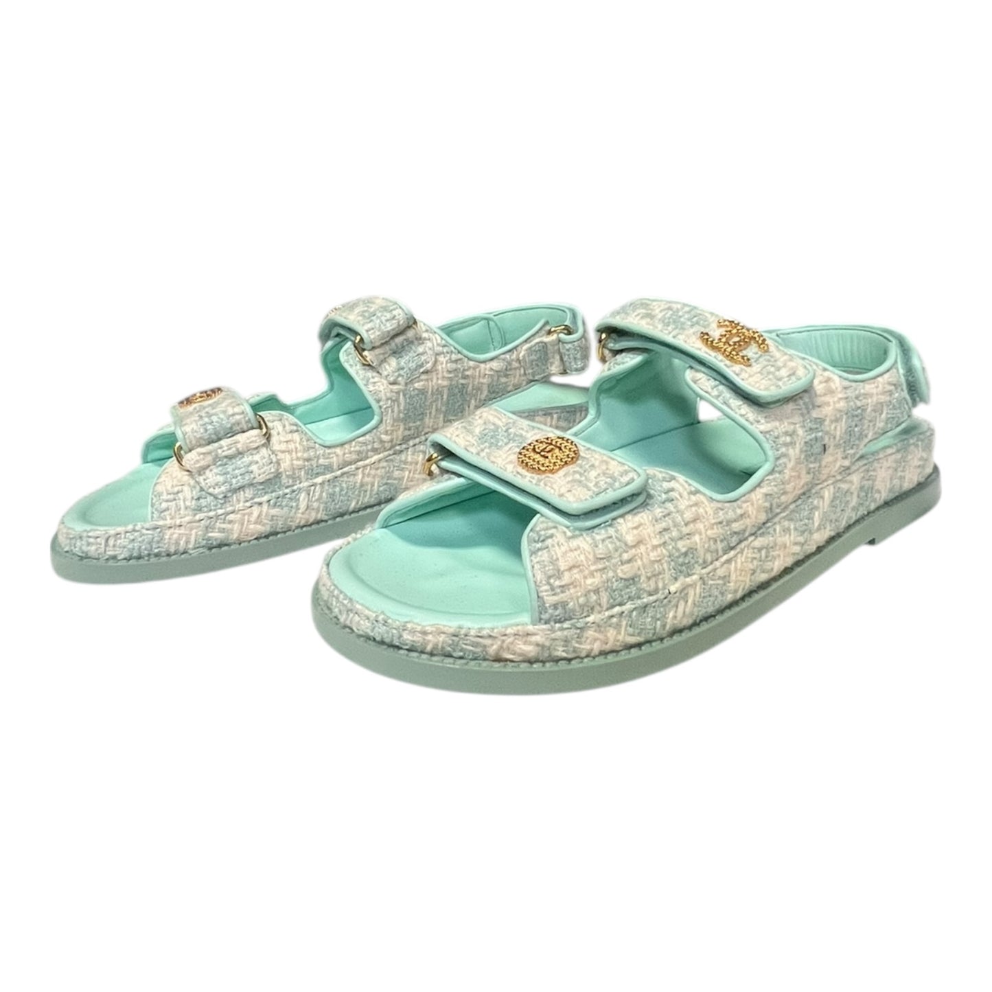 CHANEL Tweed Dad Sandals in Aqua & White |