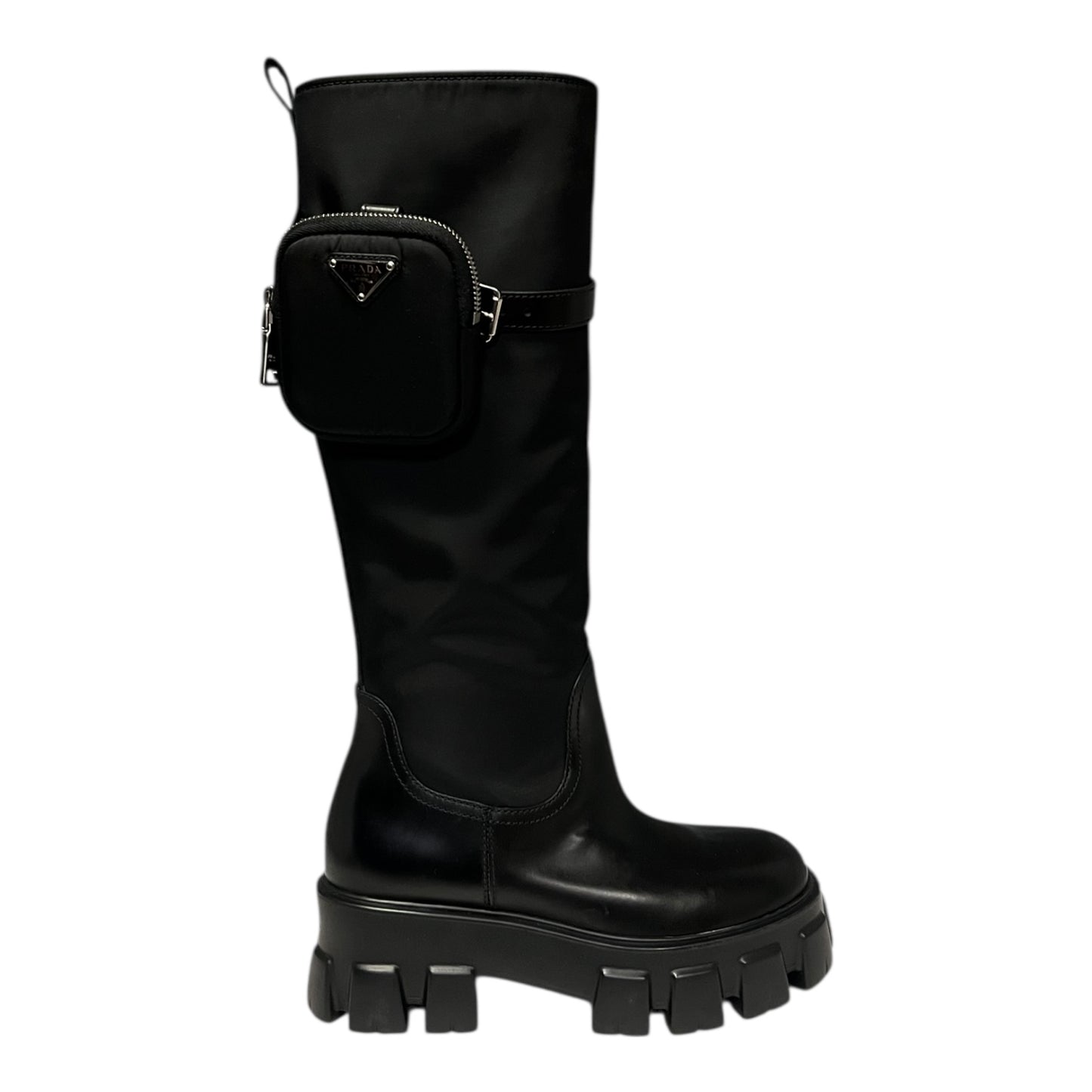 PRADA Monolith Leather & Re-Nylon Knee Boots in Black | 38