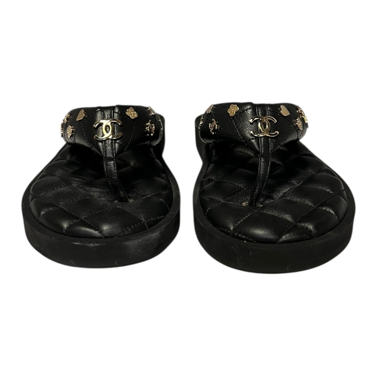 CHANEL CC Charm Quilted Flip Flop Sandals in Black | 38