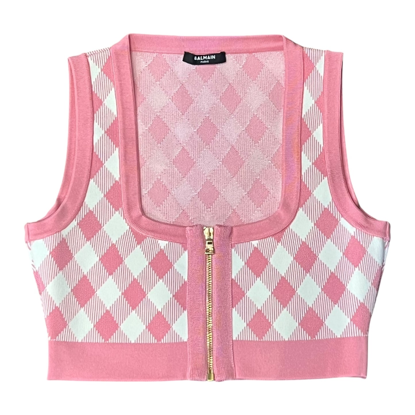 BALMAIN Sleeveless Check Knit Top in Pink & White | S
