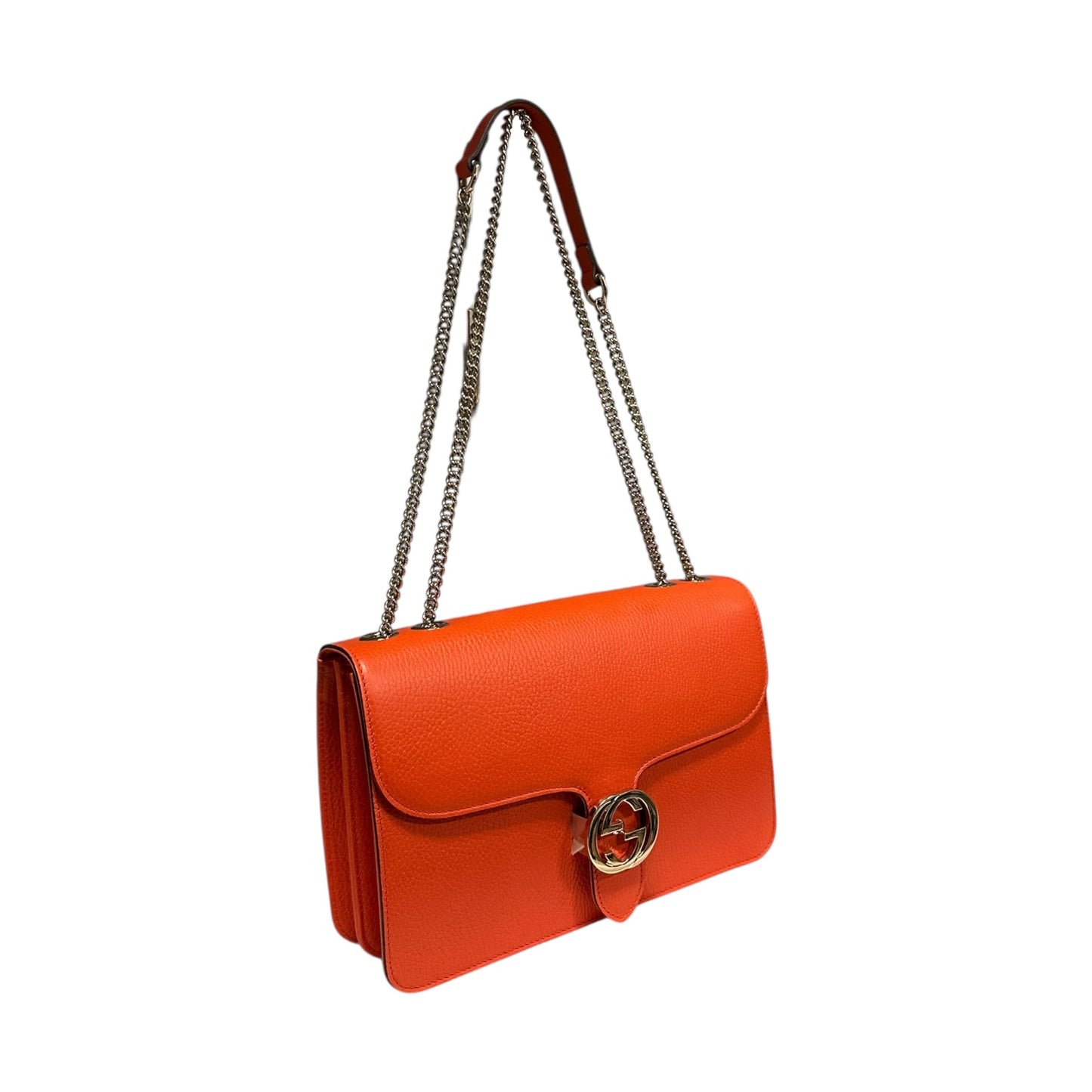 GUCCI Interlocking G Crossbody Shoulder Bag in Fire Coral Grained Leather