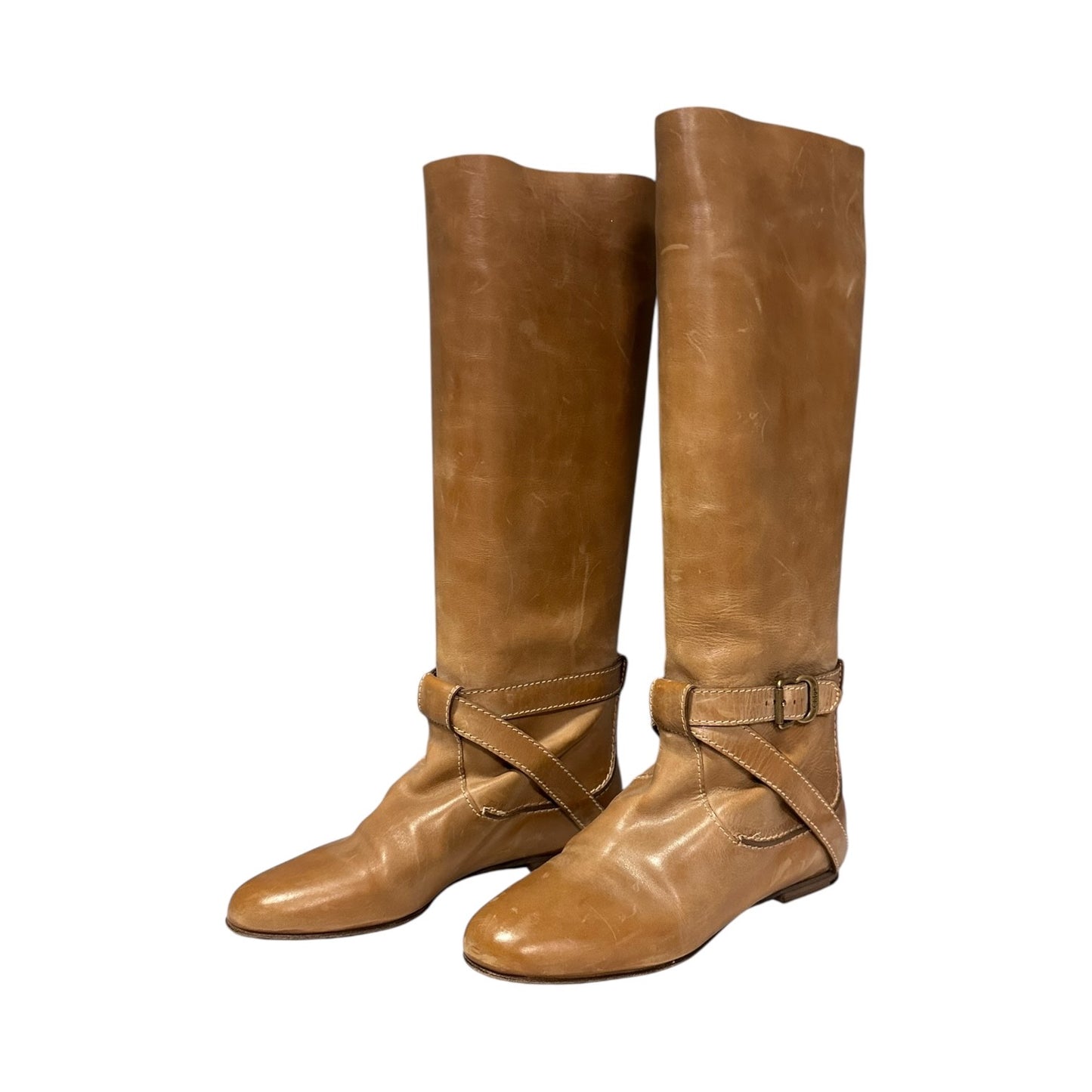 CHLOE Distressed Buckle Strap Boots in Honey | 37