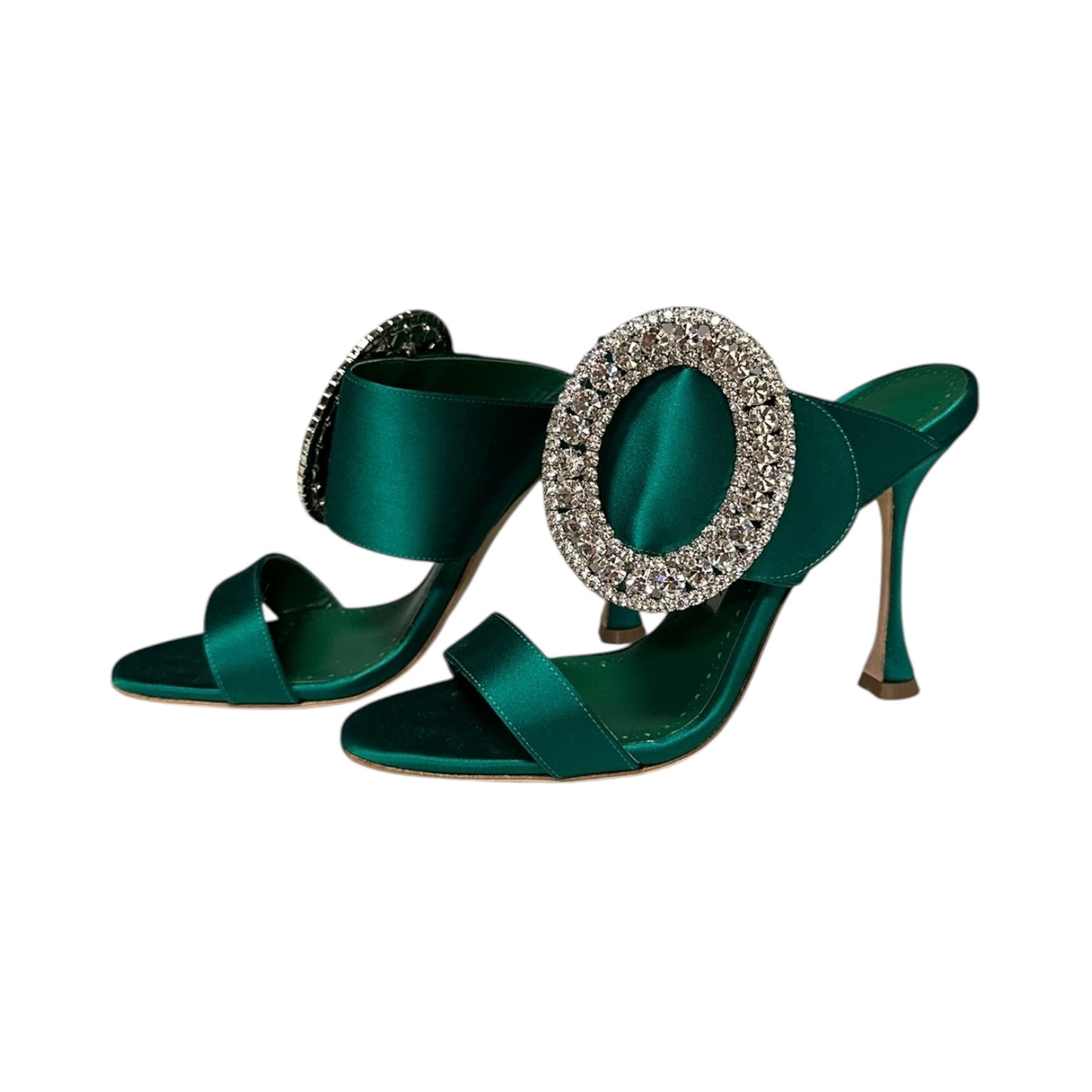MANOLO BLAHNIK Jewel Buckle Satin Mules in Emerald Green | 37.5