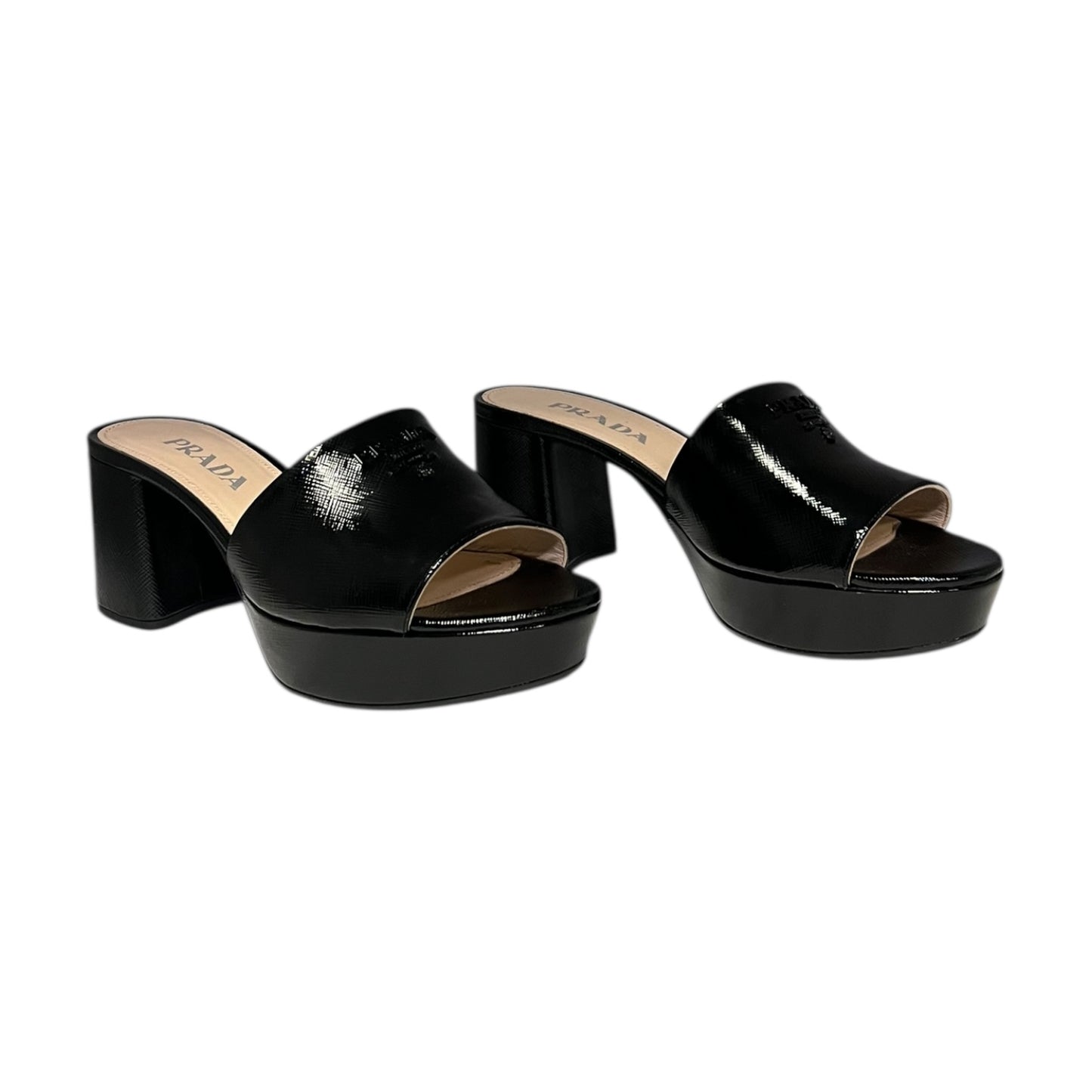 PRADA Patent Saffiano Block Heel Mules in Black | 38