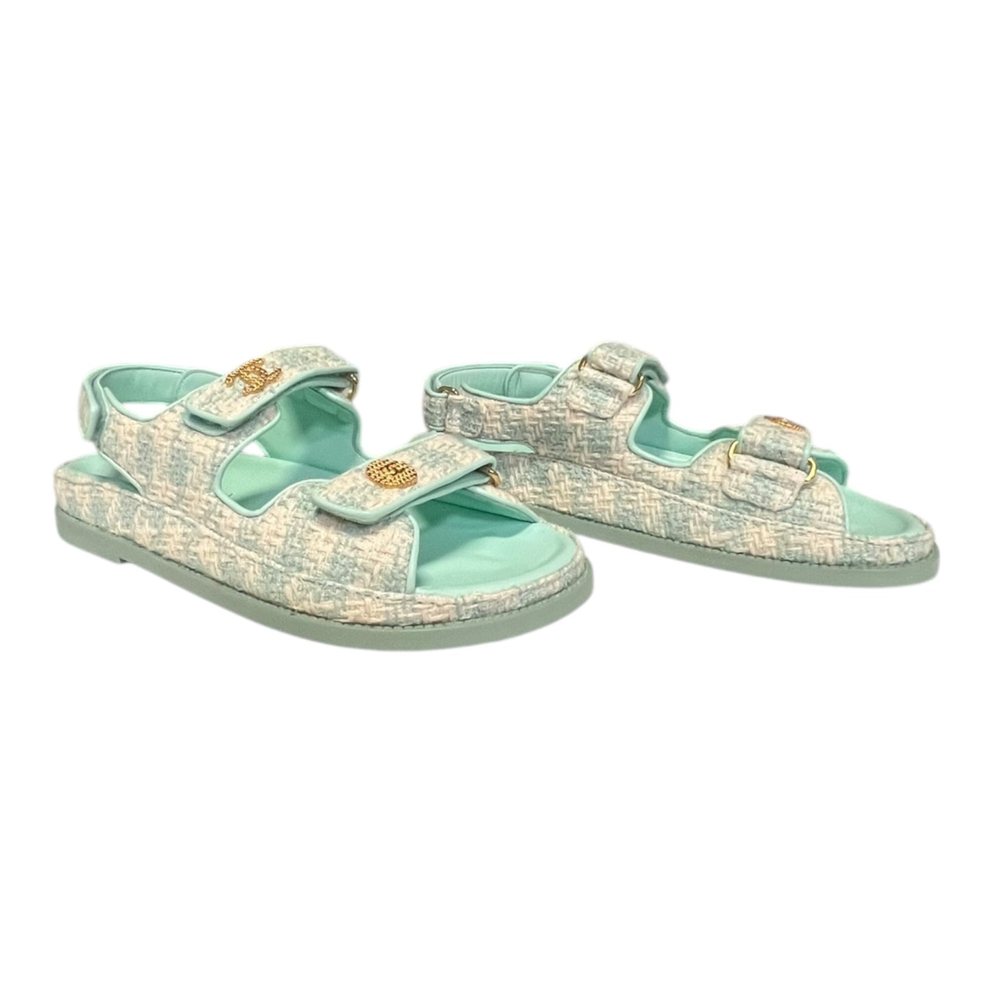 CHANEL Tweed Dad Sandals in Aqua & White |