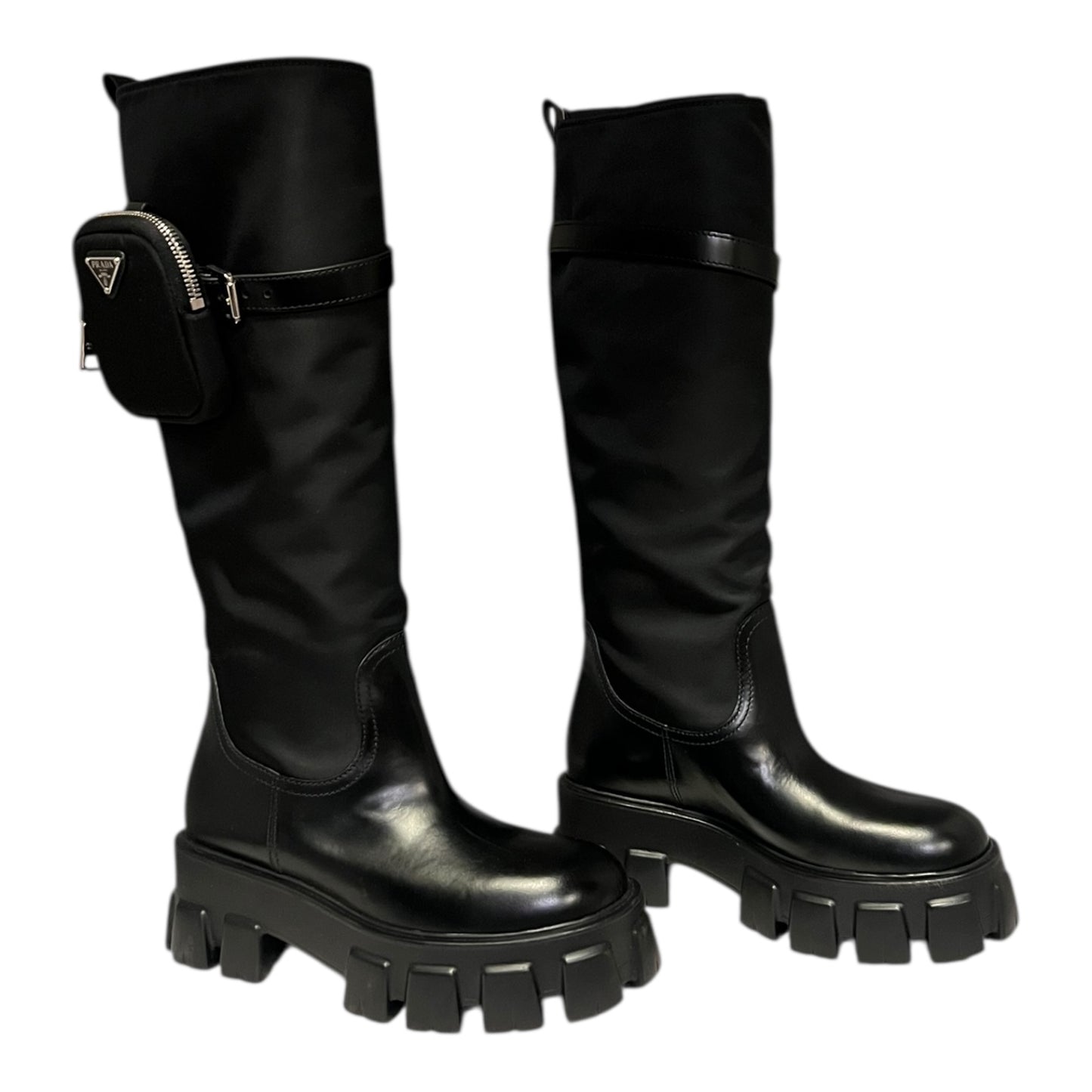 PRADA Monolith Leather & Re-Nylon Knee Boots in Black | 38