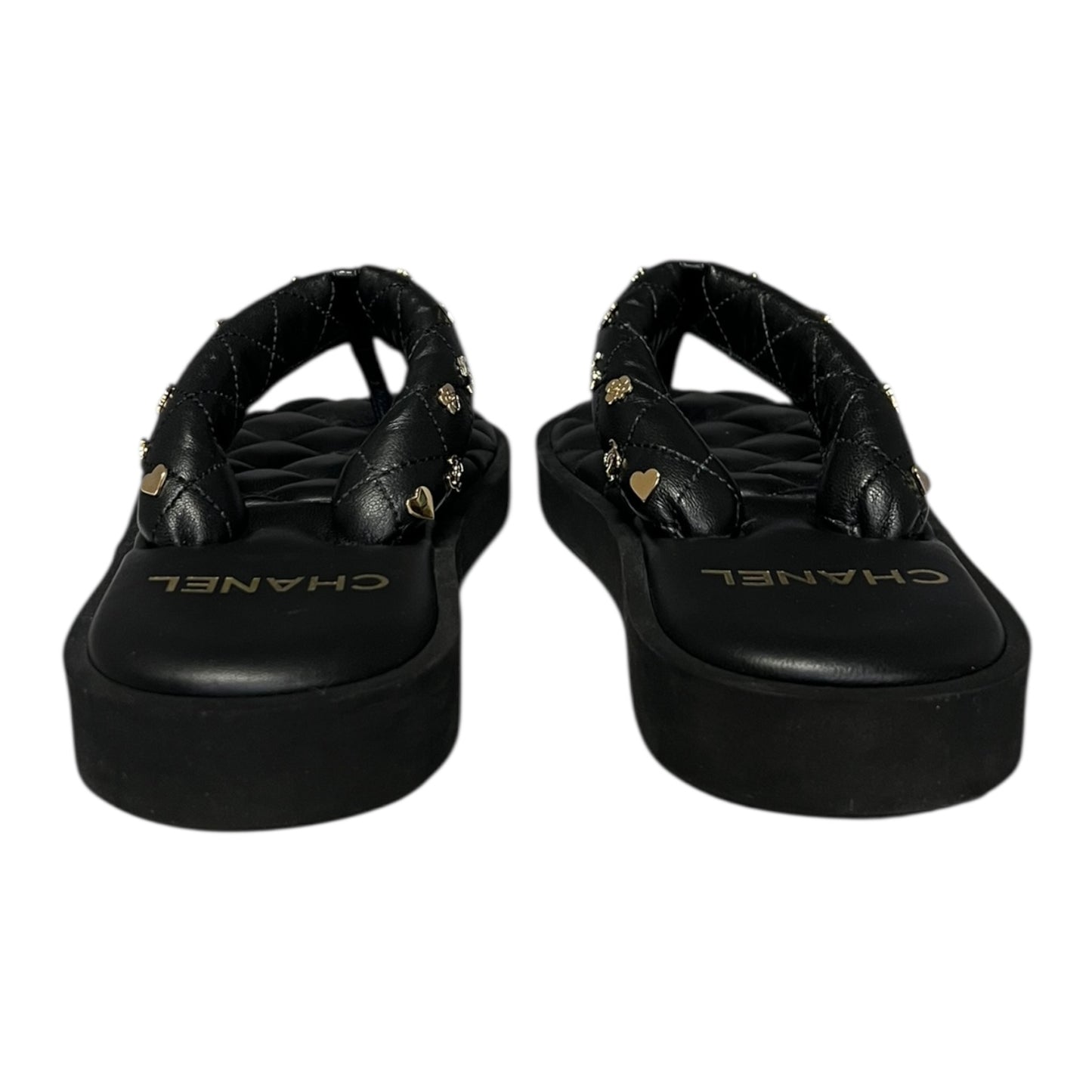CHANEL CC Charm Quilted Flip Flop Sandals in Black | 38