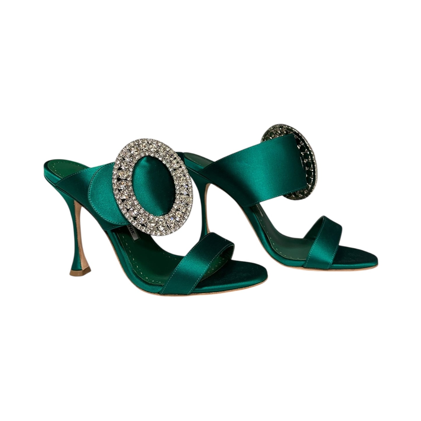 MANOLO BLAHNIK Jewel Buckle Satin Mules in Emerald Green | 37.5