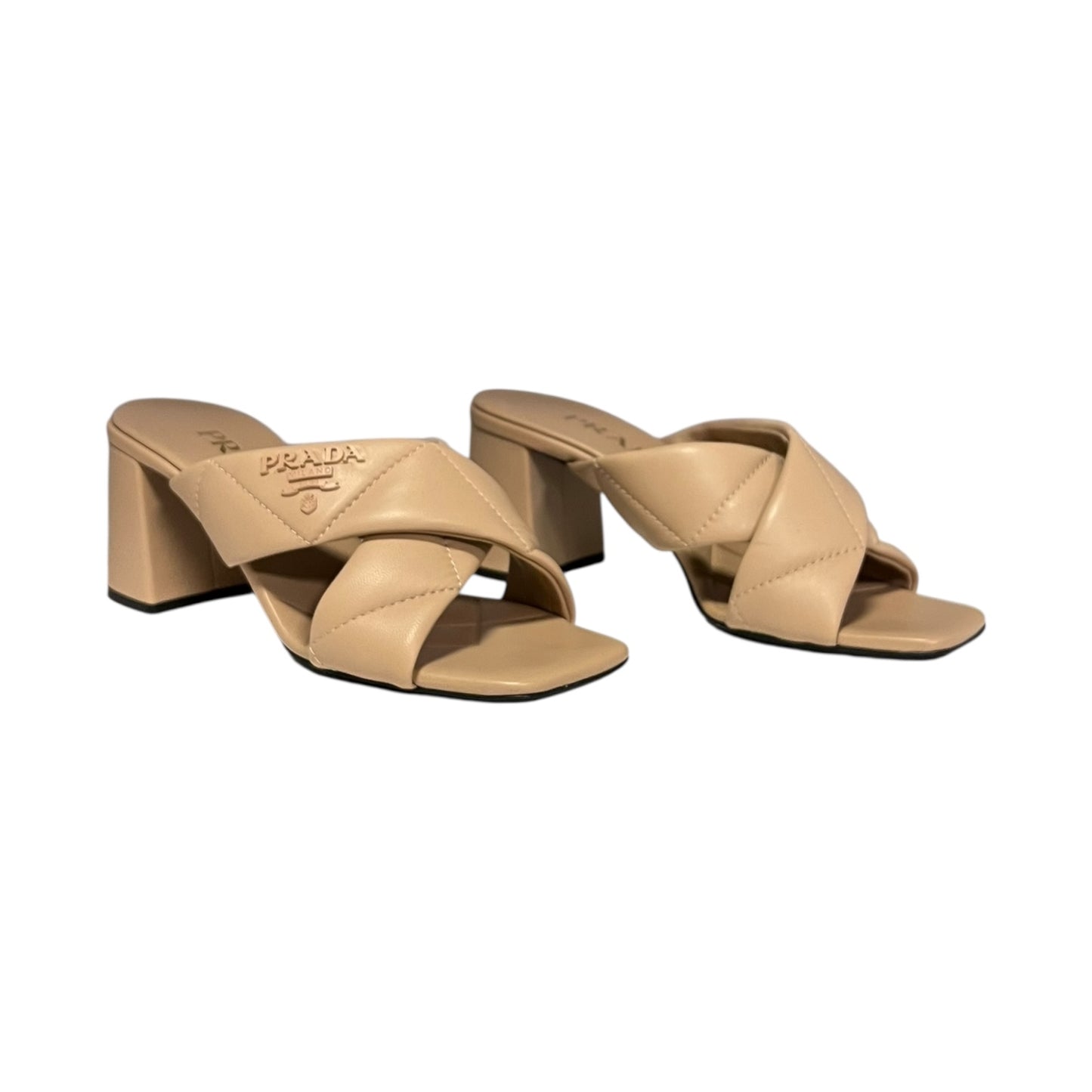 PRADA Quilted Lambskin Crisscross Slides in Sabbia | 35