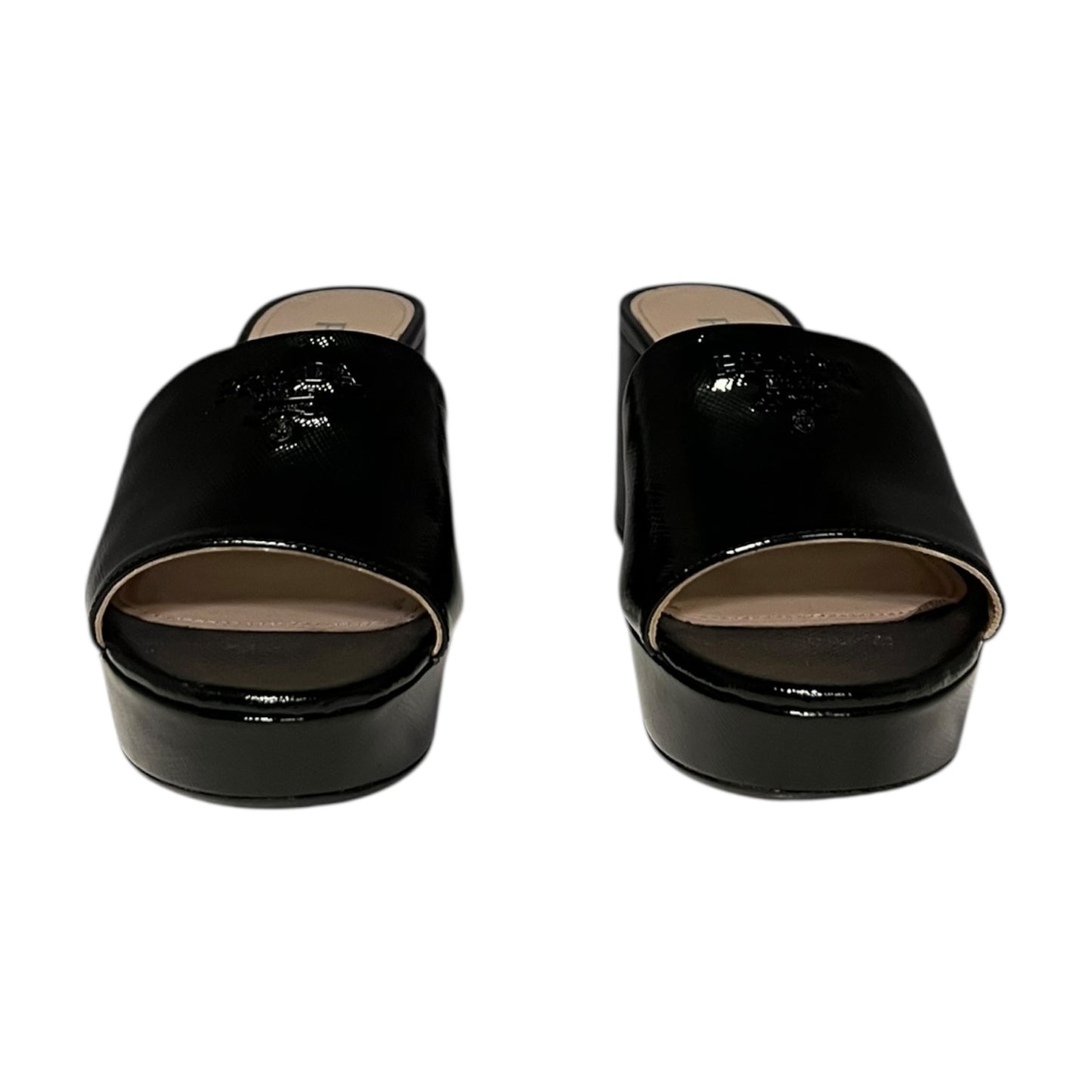 PRADA Patent Saffiano Block Heel Mules in Black | 38