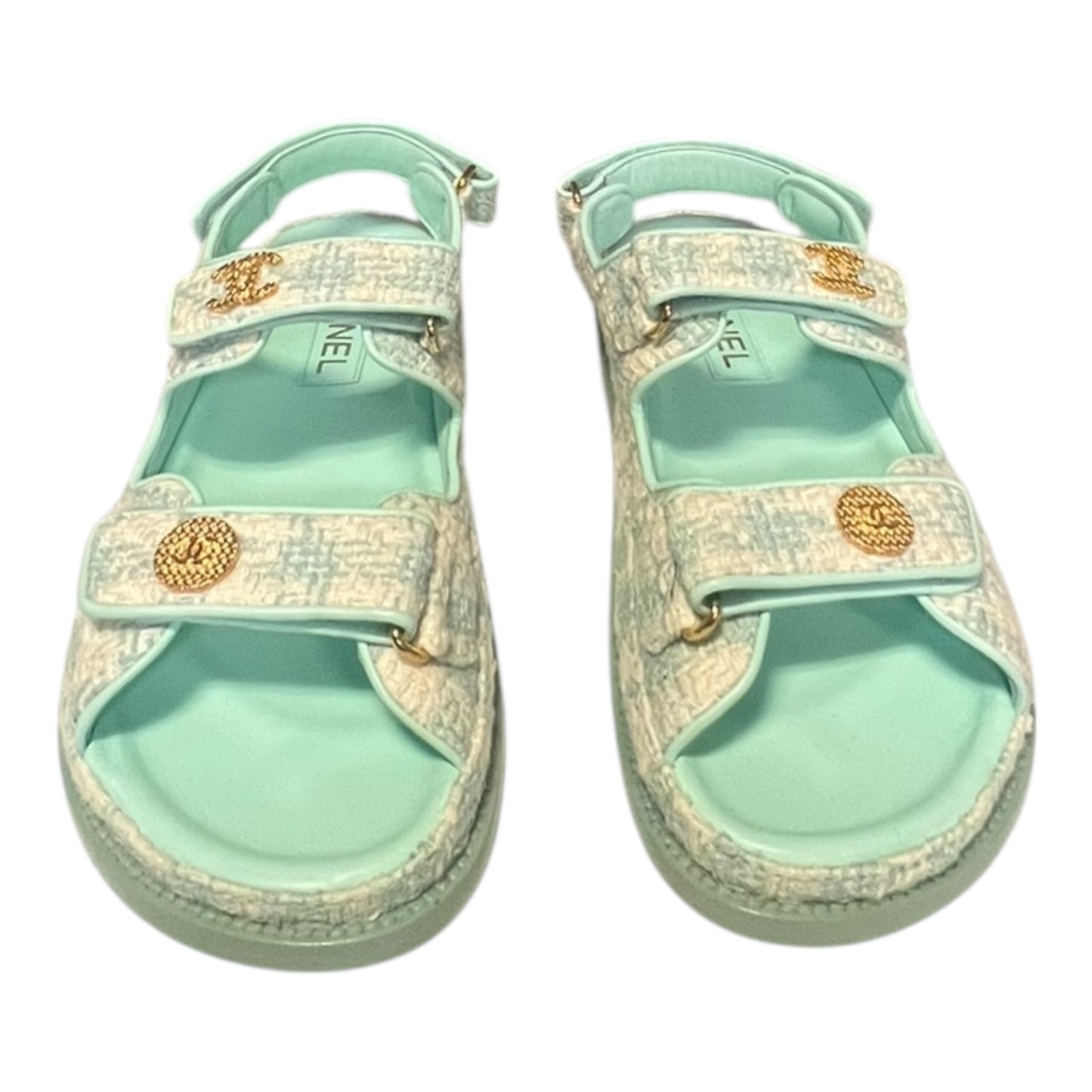 CHANEL Tweed Dad Sandals in Aqua & White |