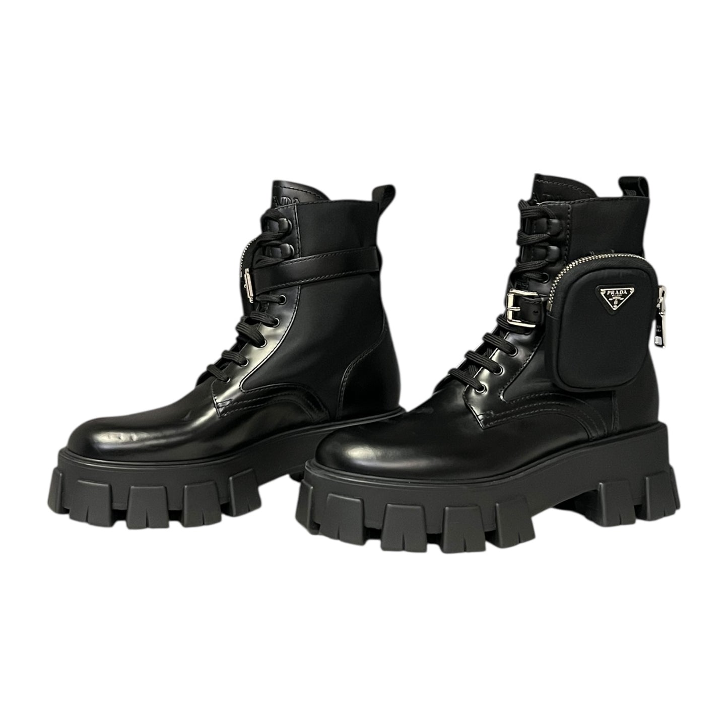 PRADA Monolith Re-Nylon & Leather Combat Boots | 38