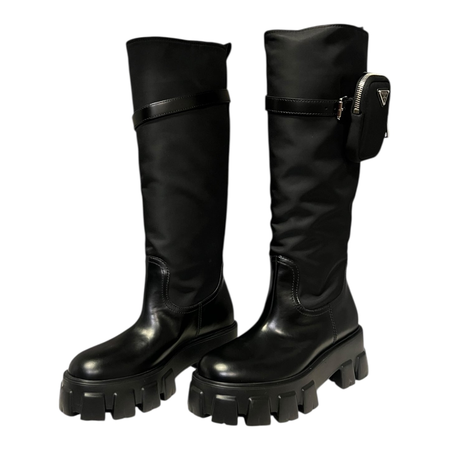 PRADA Monolith Leather & Re-Nylon Knee Boots in Black | 38