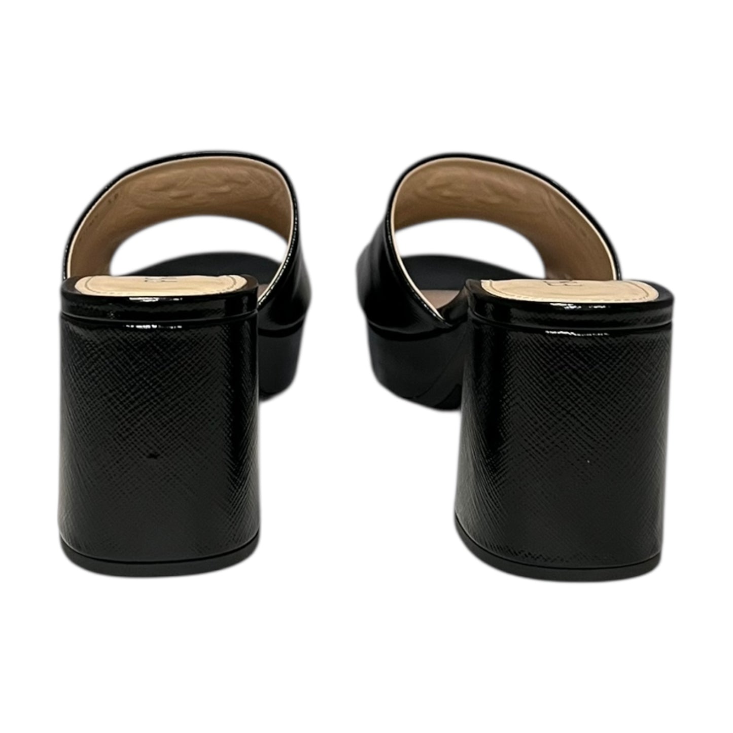PRADA Patent Saffiano Block Heel Mules in Black | 38