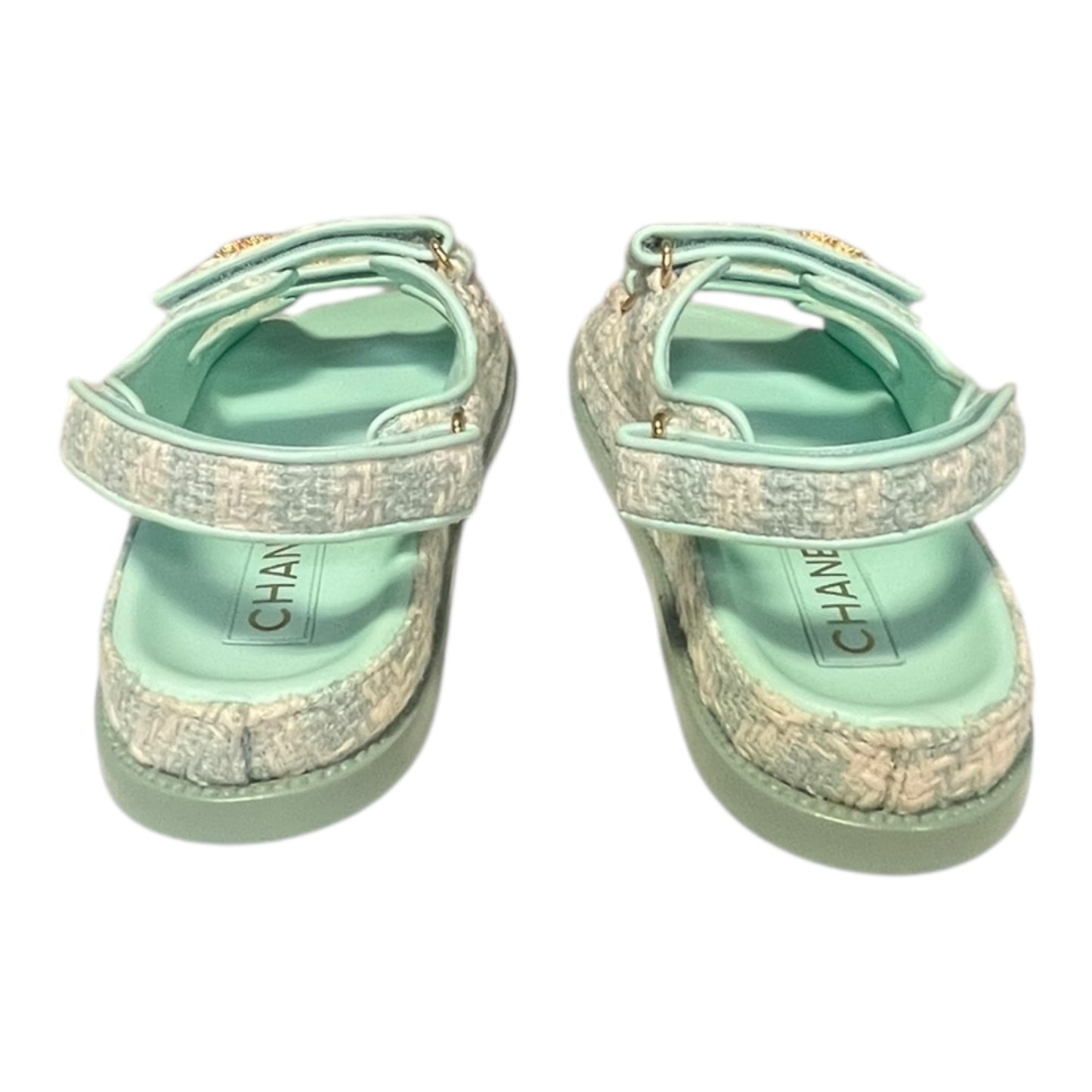 CHANEL Tweed Dad Sandals in Aqua & White |