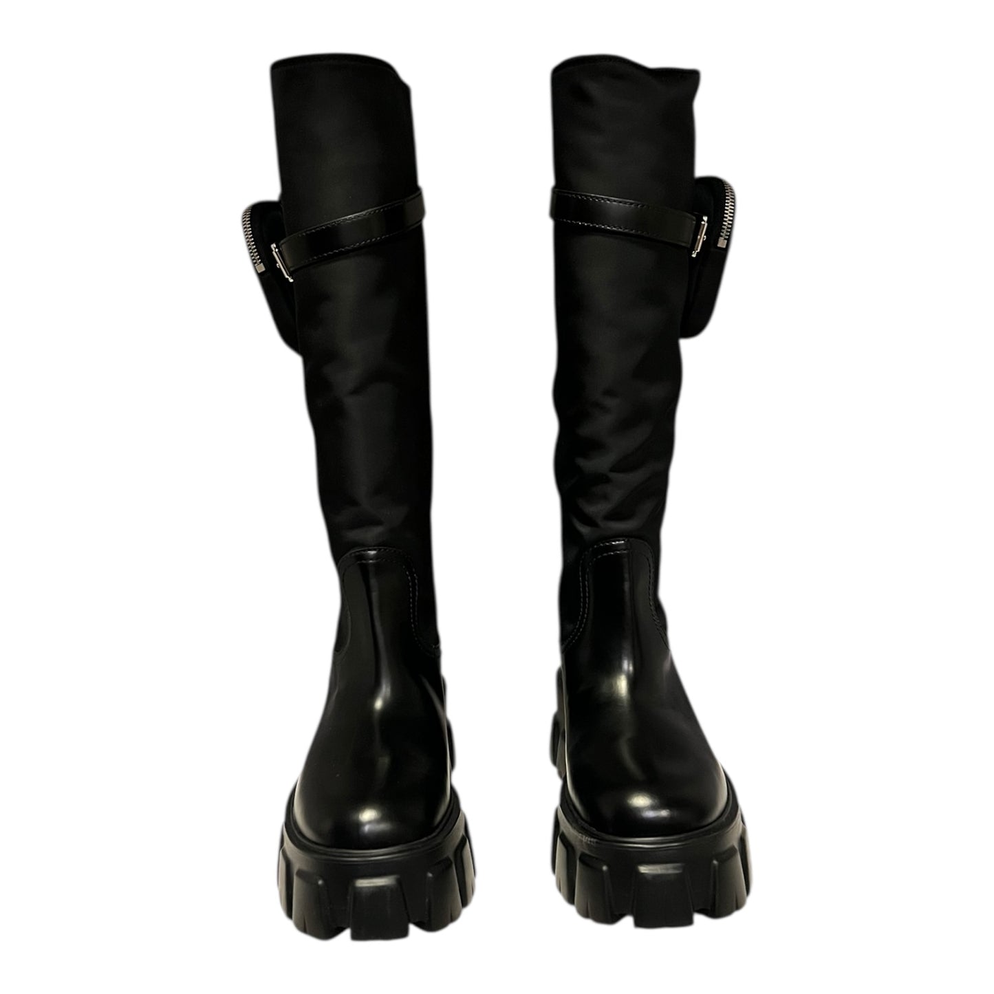 PRADA Monolith Leather & Re-Nylon Knee Boots in Black | 38