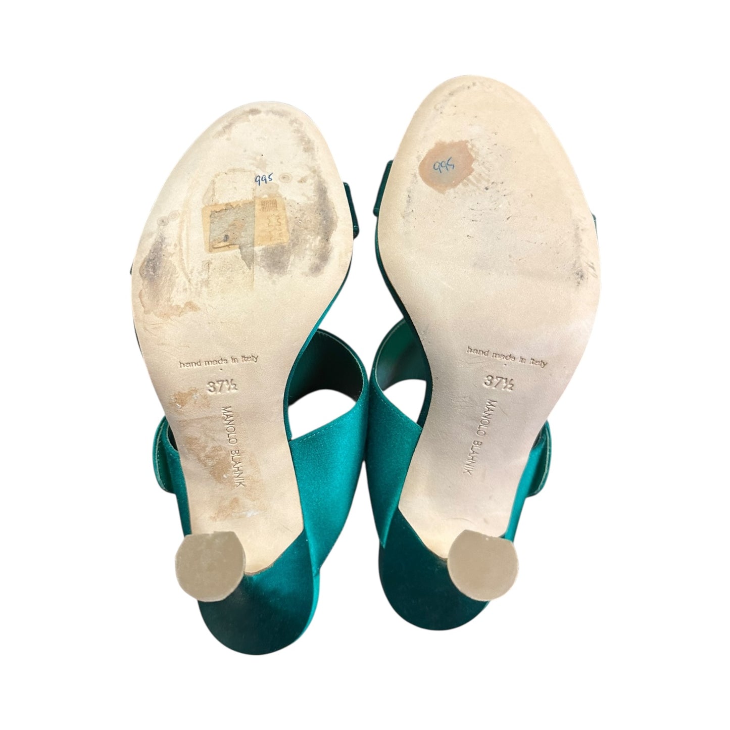 MANOLO BLAHNIK Jewel Buckle Satin Mules in Emerald Green | 37.5