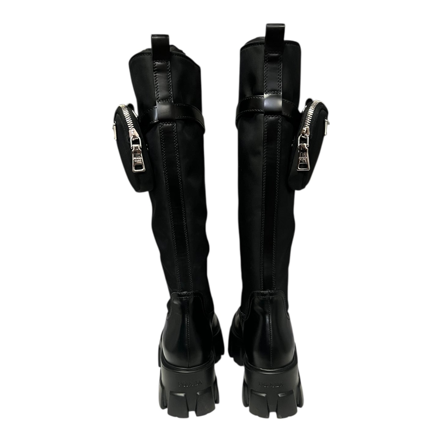 PRADA Monolith Leather & Re-Nylon Knee Boots in Black | 38