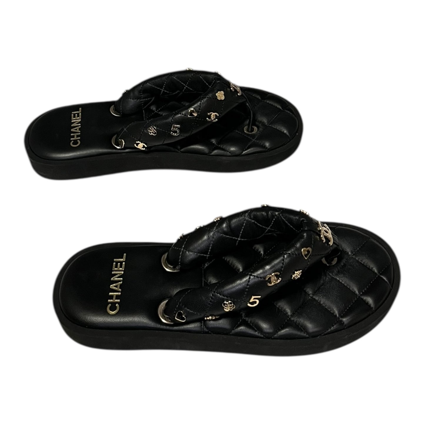 CHANEL CC Charm Quilted Flip Flop Sandals in Black | 38