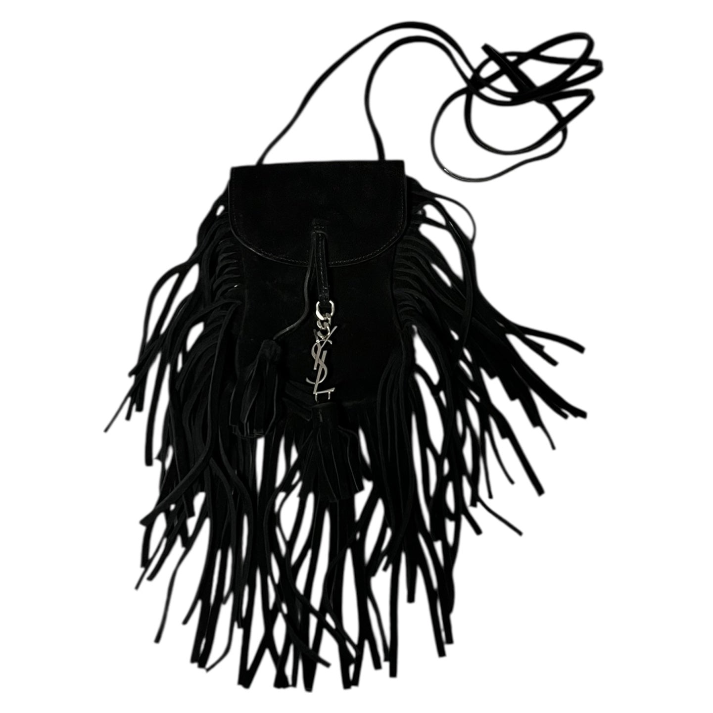 SAINT LAURENT Suede Mini Fringe Crossbody in Black