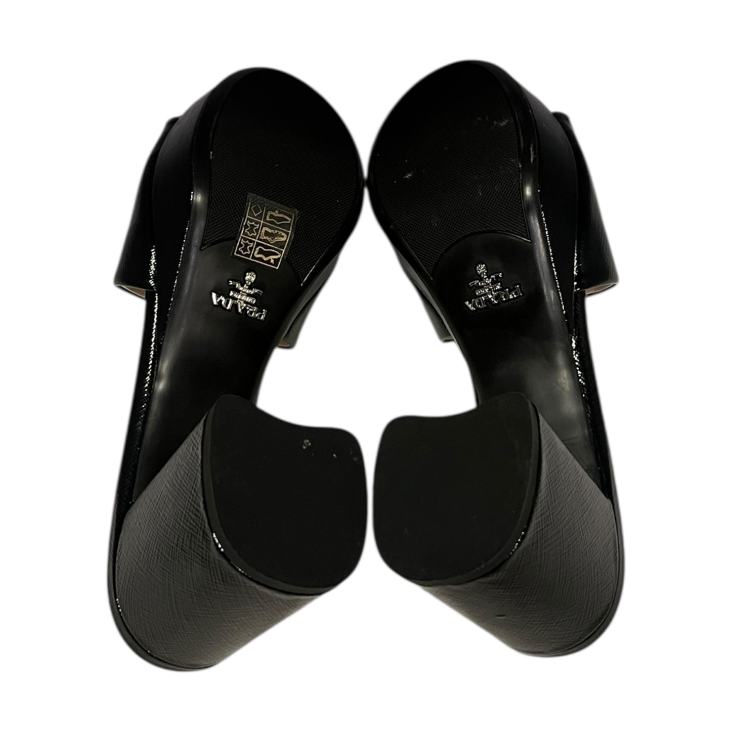 PRADA Patent Saffiano Block Heel Mules in Black | 38