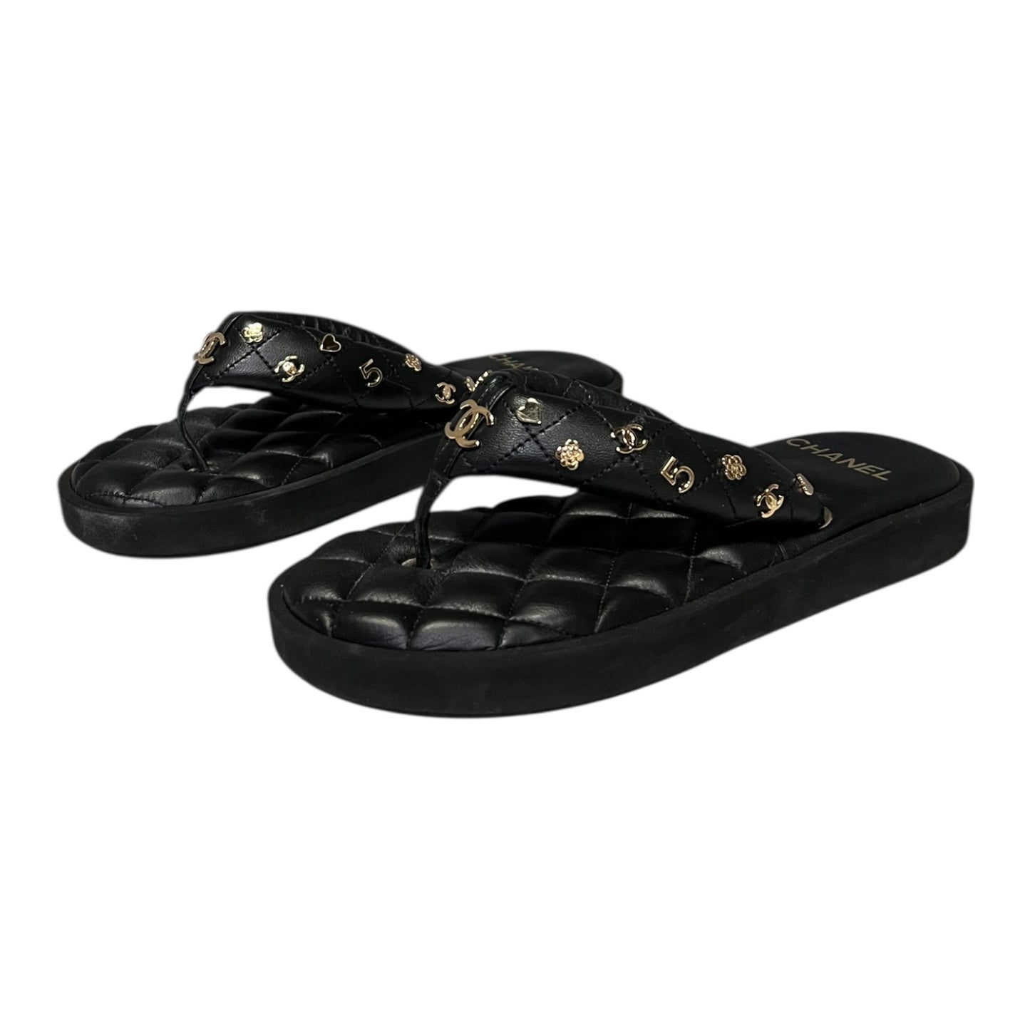 CHANEL CC Charm Quilted Flip Flop Sandals in Black | 38