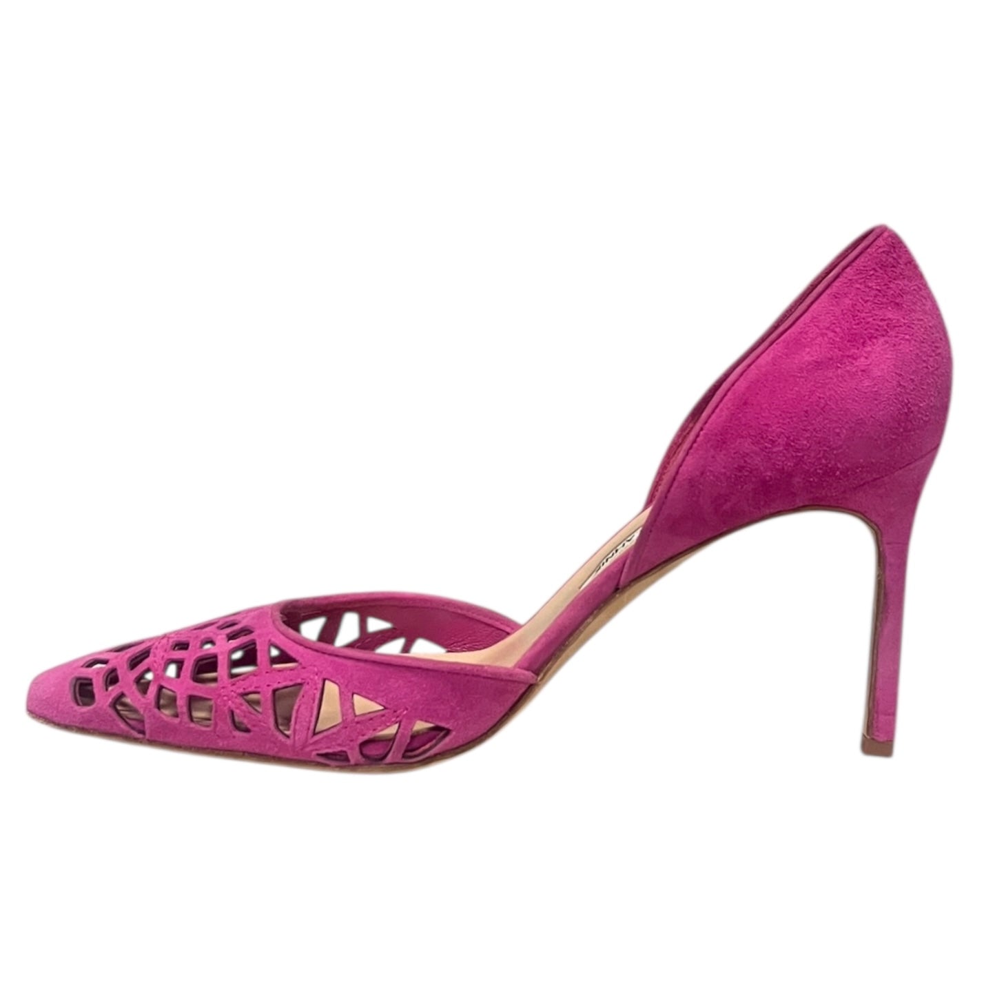 MANOLO BLAHNIK Lasercut Suede D' Orsay Pumps in Pink | 40