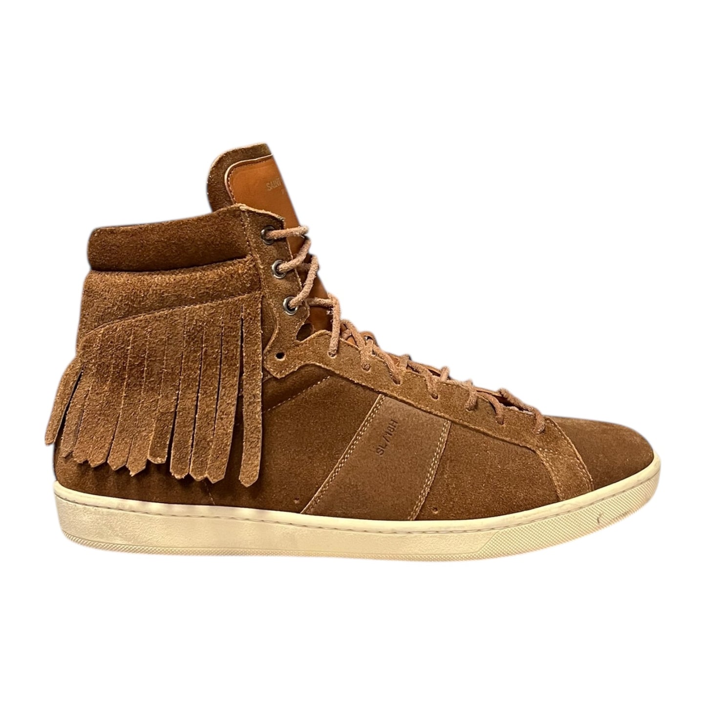 SAINT LAURENT Suede Fringe Hi Top Sneakers in Scotch |