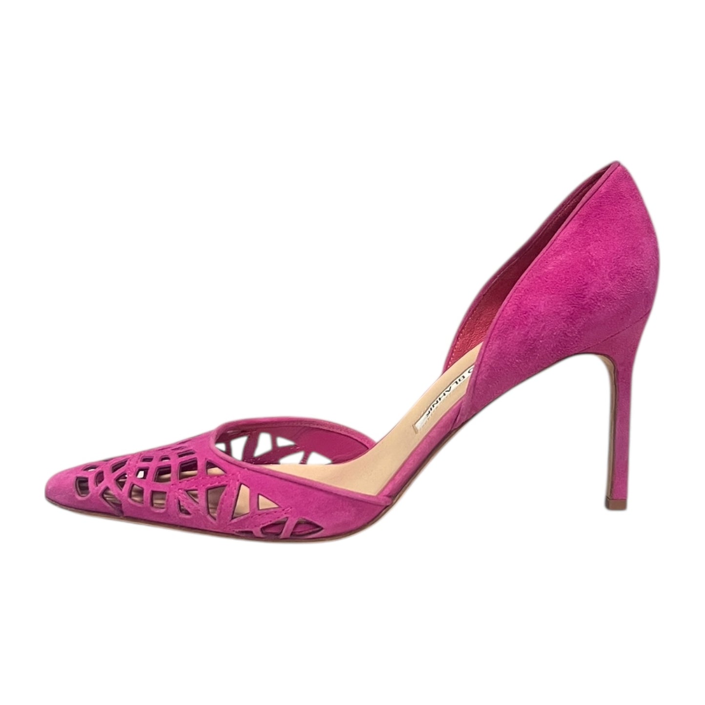 MANOLO BLAHNIK Lasercut Suede D' Orsay Pumps in Pink | 40