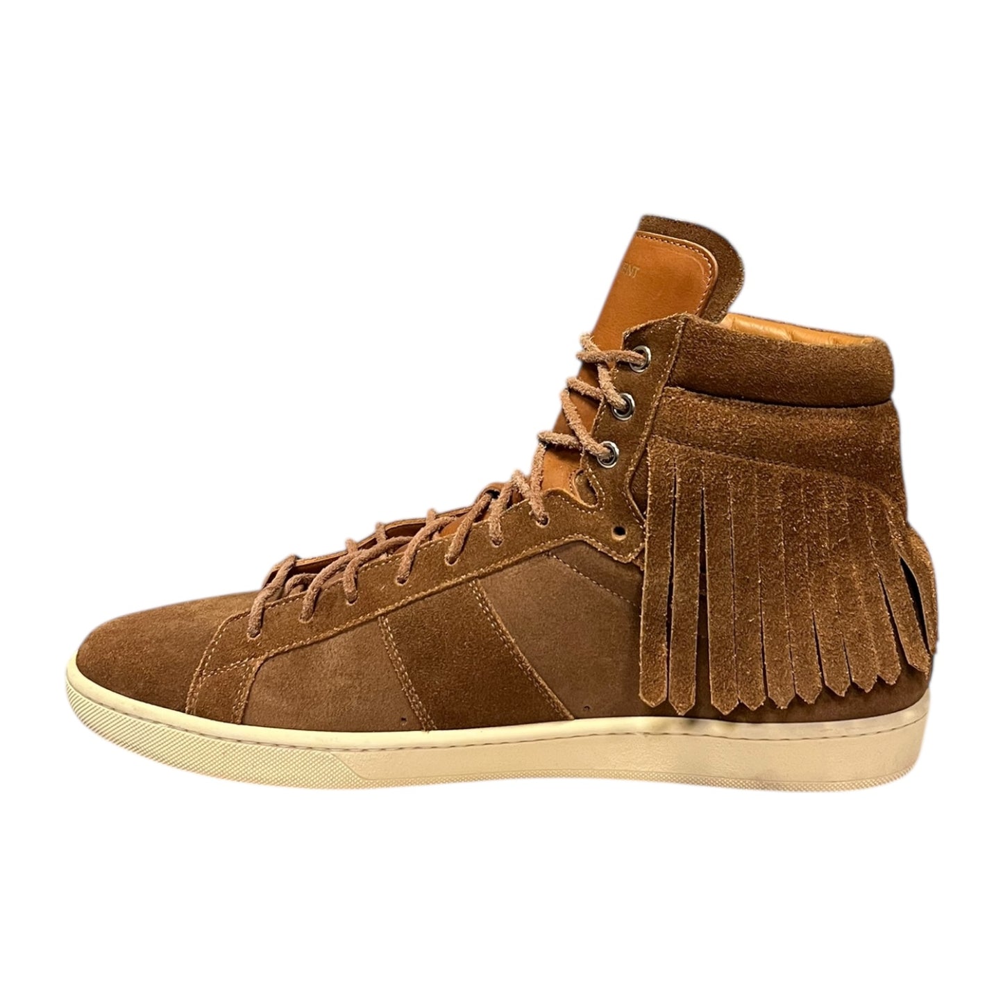 SAINT LAURENT Suede Fringe Hi Top Sneakers in Scotch |