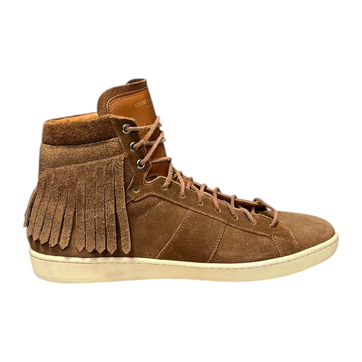 SAINT LAURENT Suede Fringe Hi Top Sneakers in Scotch |