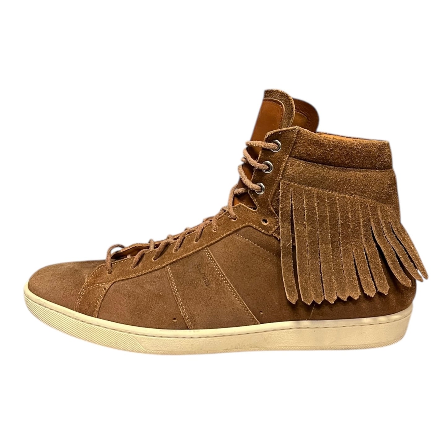SAINT LAURENT Suede Fringe Hi Top Sneakers in Scotch |
