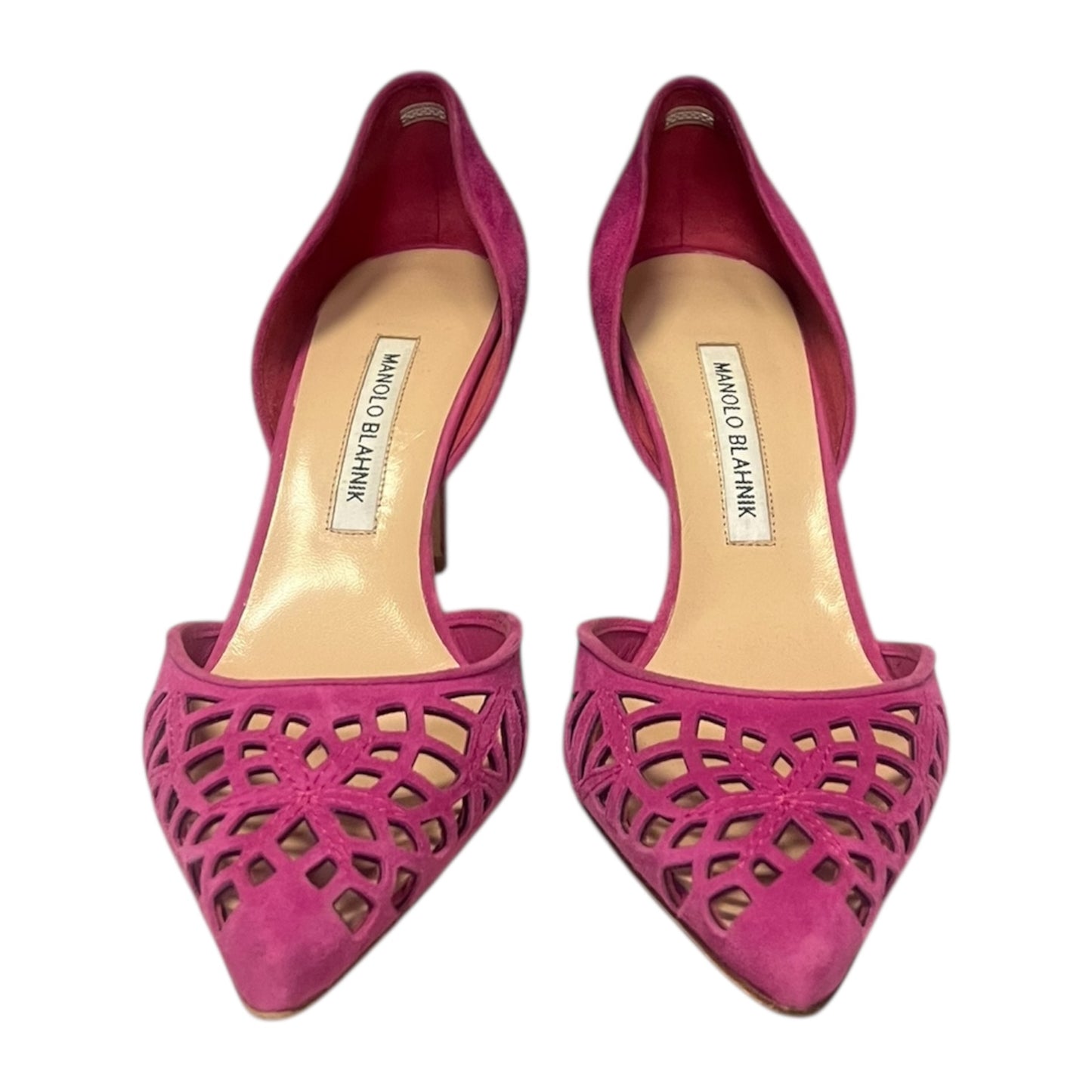 MANOLO BLAHNIK Lasercut Suede D' Orsay Pumps in Pink | 40