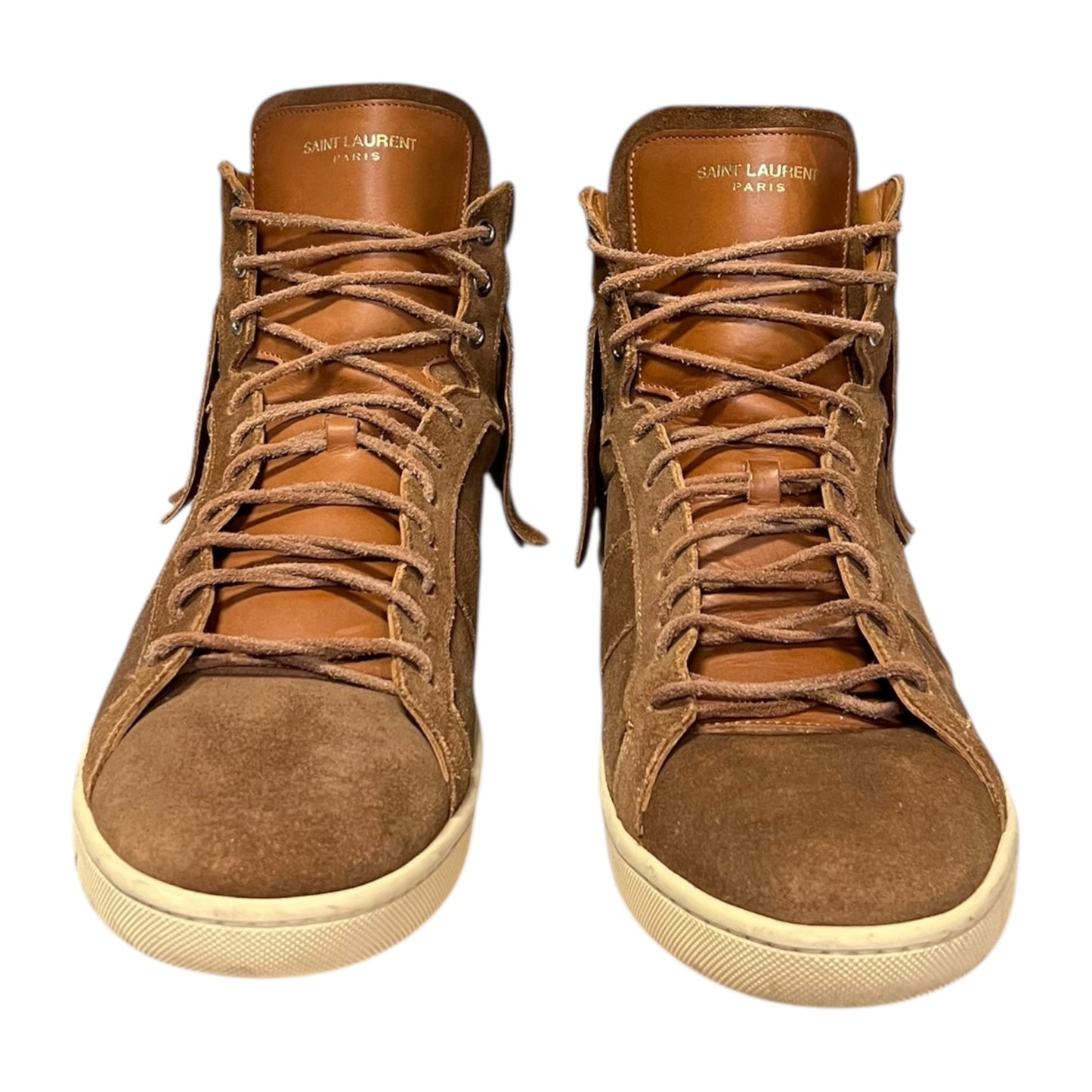 SAINT LAURENT Suede Fringe Hi Top Sneakers in Scotch |