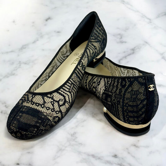 CHANEL Embroidered Ballerina Flats in Black | Size 39.5