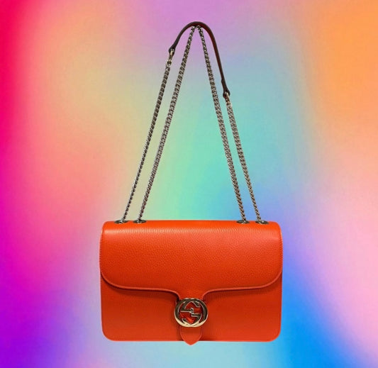 GUCCI Interlocking G Crossbody Shoulder Bag in Fire Coral Grained Leather