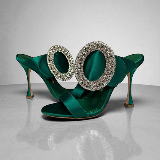 MANOLO BLAHNIK Jewel Buckle Satin Mules in Emerald Green | 37.5