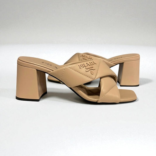 PRADA Quilted Lambskin Crisscross Slides in Sabbia | 35