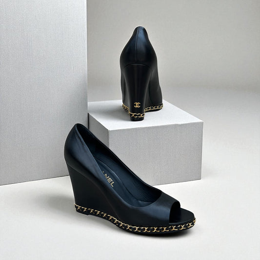 CHANEL Chain Around Peep Toe Wedges in Black | 40
