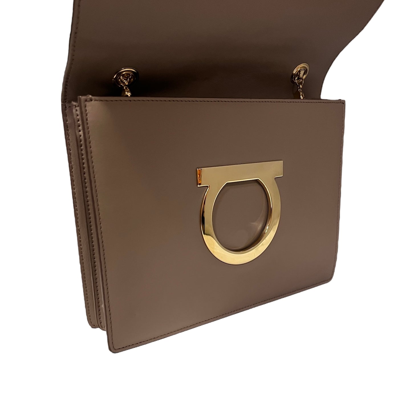 FERRAGAMO Gancini Convertible Flap Handbag in Taupe