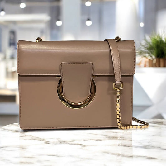 FERRAGAMO Gancini Convertible Flap Handbag in Taupe