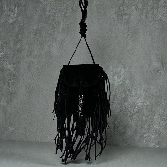 SAINT LAURENT Suede Mini Fringe Crossbody in Black