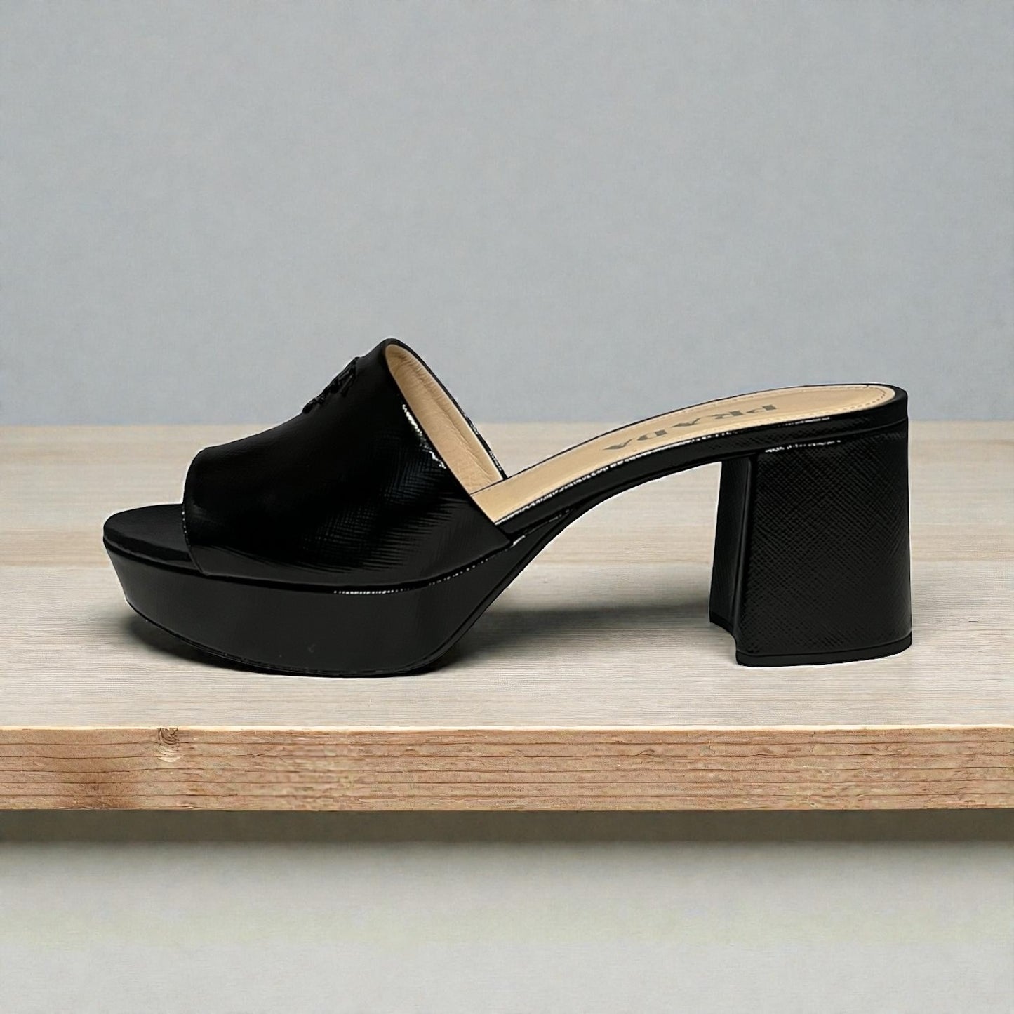PRADA Patent Saffiano Block Heel Mules in Black | 38